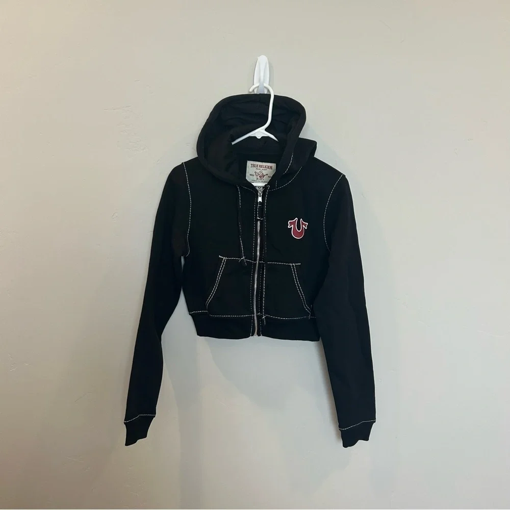Women’s True Religion Shruken Zip Up Hoodie Big T, Black, Medium - Picture 4 of 10